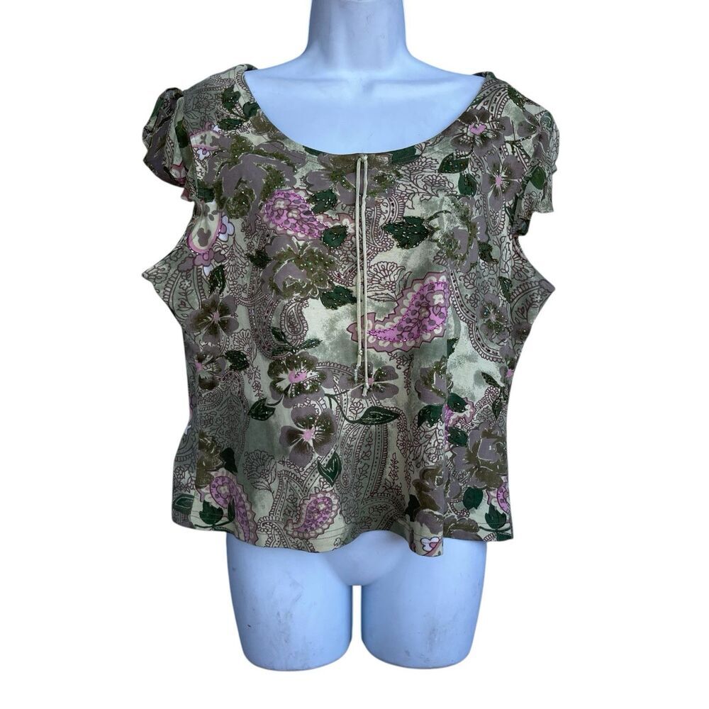 Vintage Y2k TEMPTATION Floral Sequin Scoop Neck Blouse Short Sleeve Women's XL